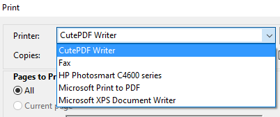 print window with CutePDF Writer selected as a printer