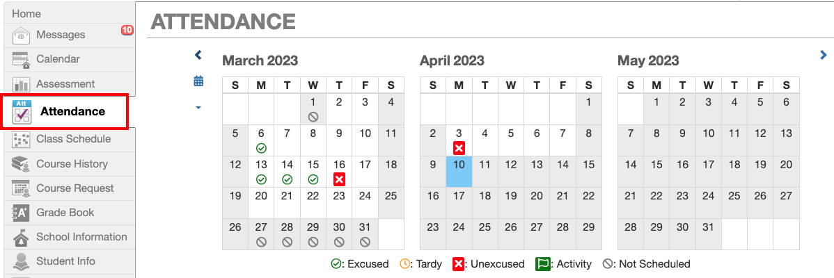 Three mini calendars (March, April, and May). Days with green check marks indicating "excused" and red "x" marks indicating unexcused. Other icons not used on the displayed calendars are an orange clock for "tardy" and grey circle slash for "not scheduled."