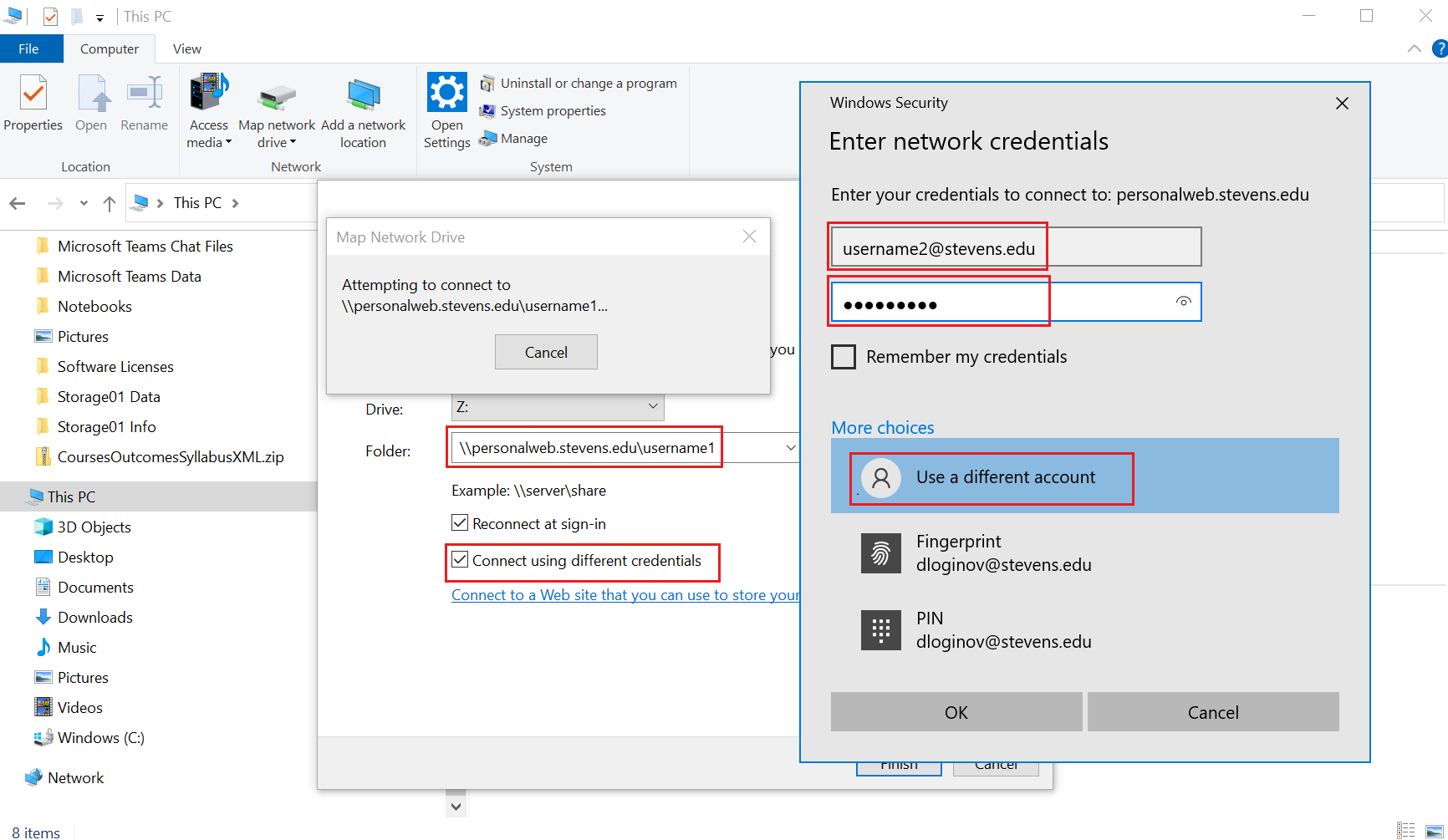 Shortcut of a dialogue of mapping network drive using different credentials in Windows