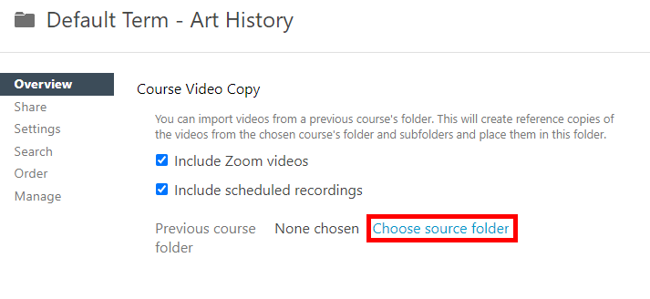 Overview tab, Folder settings. On it, the section "Course Copy" is displayed and the option "Choose source folder" is highlighted by a red box.