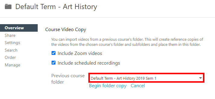 Overview tab, Folder settings. On it, the section "Course Copy" is displayed and the folder dropdown menu displays a source folder. It is highlighted by a red box