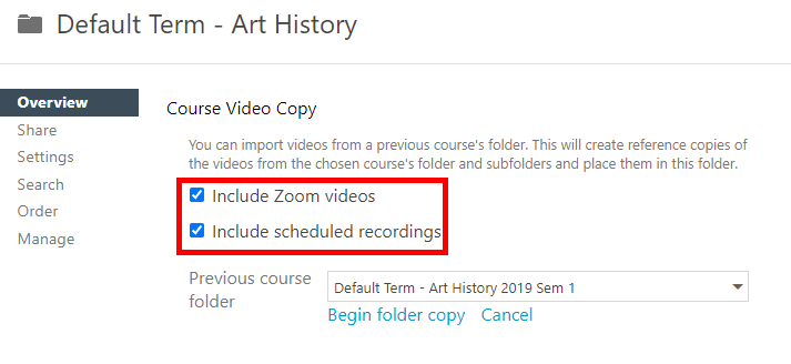 Course Video Copy section, Overview tab of a folder's settings. The options to include Zoom videos and scheduled recordings are both selected. The section is highlighted by a red box.