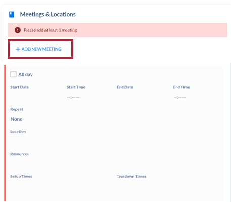The Meetings & Locations section with the +Add New Meeting button highlighted for the user. Below this button is an empty form.