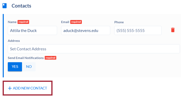 The Contacts section is open to show the required Name and Email fields, the optional phone number and address fields, and the toggle for sending email notifications. The +Add New Contact button is highlighted for the user to add any additional contacts for the event.