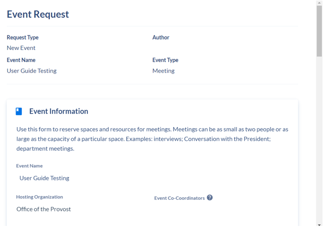 The View Request screen shows the user's entered information for the Event Request. The tope has the Request Type, Author, Event Name, and Event Type. The second section shows the Event Information, including the Event Name and Hosting Organization.