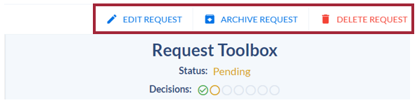 The Request Toolbox section of the View Request screen shows three options for the user: Edit Request, Archive Request, or Delete Request. Below the Request Toolbox title, the request status is shown as Pending and the Decisions tracker shows one green checkmark and an open yellow circle to represent the steps in the approval process.