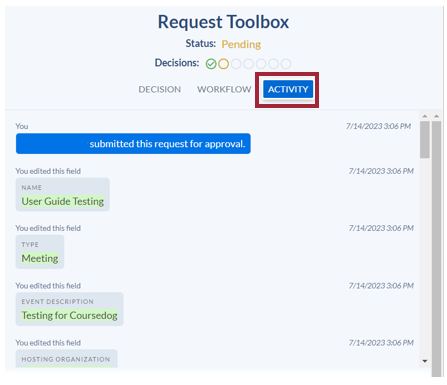 The Request Toolbox Activity tab displays all edits and submissions made for this specific request, including the user's submission of the event request and any edits that were made within the request.