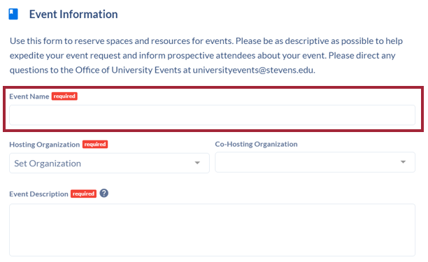 The Event Information screen showing text fields for Event Name, Hosting Organization, Co-Hosting Organization, and Event Description. There is a red Required message next to any required text field.