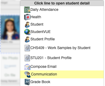 student seating chart picture (blurred) with a "Communication" menu item highlighted in a contextual menu next to the student picture.