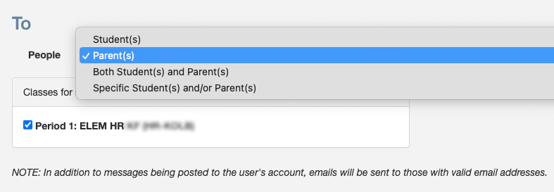 "To" section of the new email screen. A "people" pulldown menu has the following options: Student(s), Both Student(s) and Parent(s), and Specific Student(s) and/or Parent(s). Below is a list of classes with checkboxes for selecting.