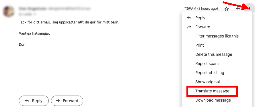 An email message in Swedish. Three vertical dots appear on the right. A menu under these dots has the "translate message" menu item highlighted.