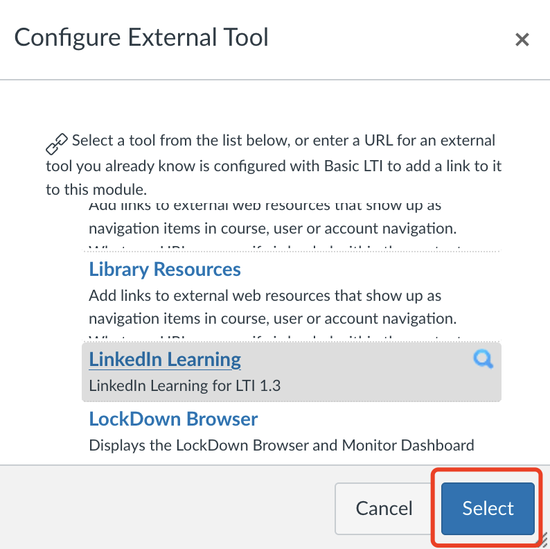 Screenshot of list of external tools with the select button highlighted