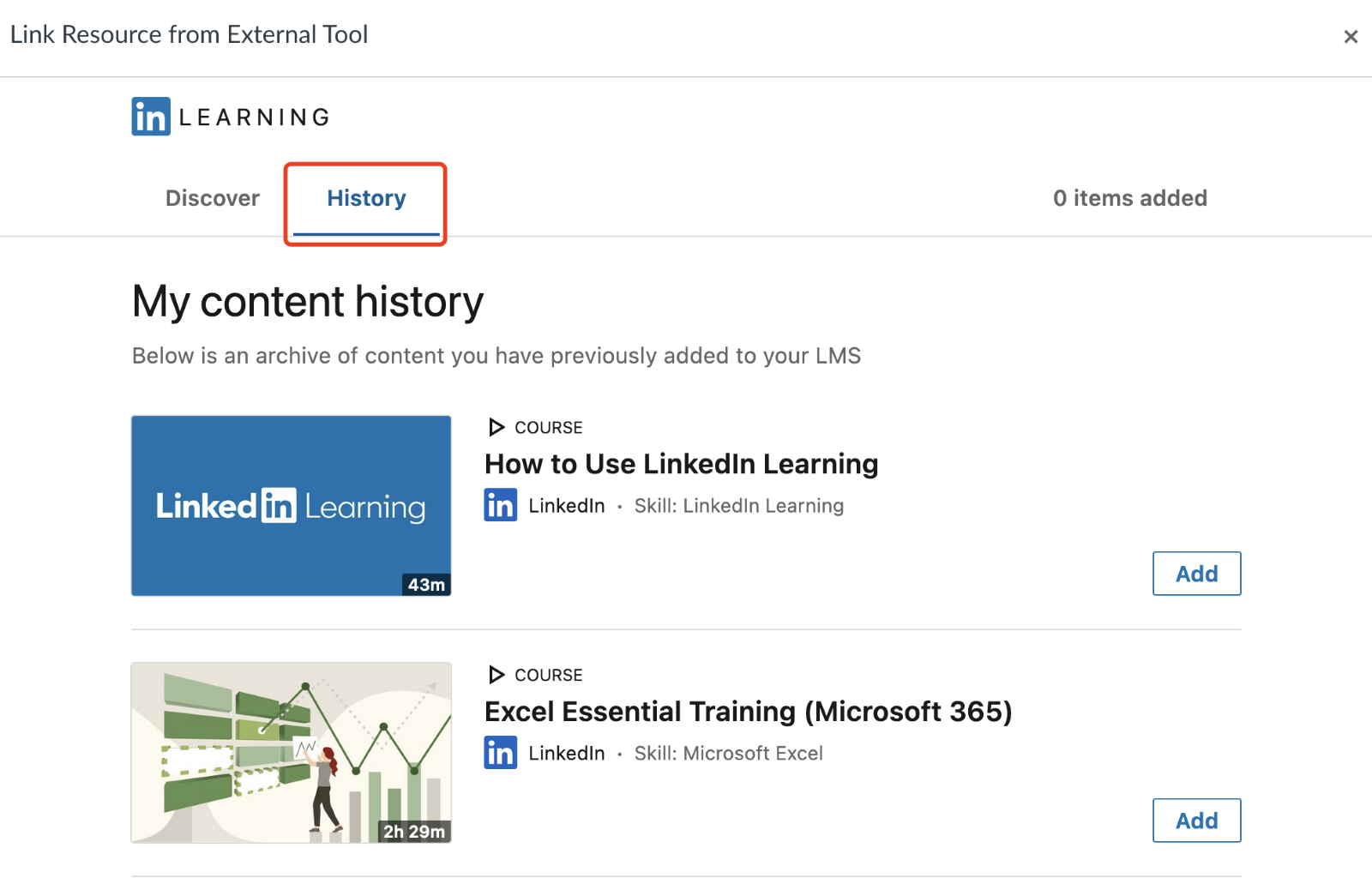 Screenshot of LinkedIn Learning content history in Canvas with the History tab highlighted
