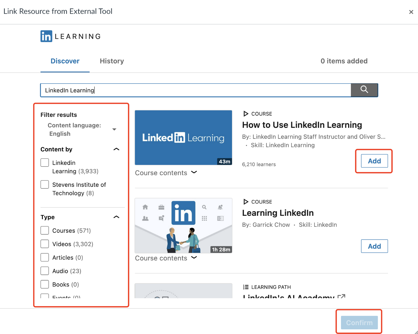 Screenshot of LinkedIn Learning content with filters highlighted