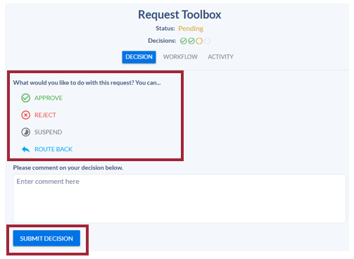 The Request Toolbox screen showing the four options the user can vote on: Approve, Reject, Suspend, and Route Back. Below these options is a comment text field for the user to enter any information they want to provide regarding their decision, and a blue highlighted Submit Decision button.
