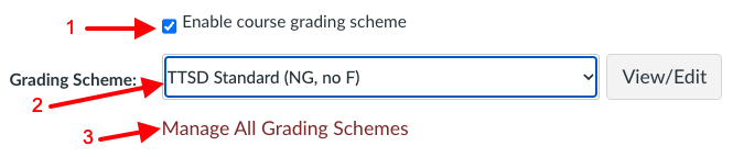 "enable course grading scheme" checkbox in checked state. "Grading scheme" pulldown menu below this. A "manage all grading schemes" link is at the bottom.