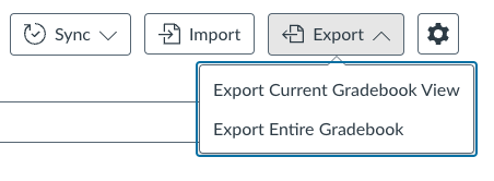 "Export" button with two pulldown menu options below: "Export current gradebookview" and "export entire gradebook."