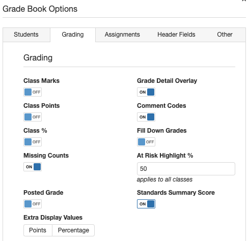Screenshot of the "Grade Book Options" tab, showing the "Grading" section within a user interface. The section includes toggles for "Class Marks," "Class Points," "Class %," "Missing Counts," "Posted Grade," and "Extra Display Values," with "Missing Counts" toggled on. On the right side, there are options for "Grade Detail Overlay," "Comment Codes," "Fill Down Grades," and "Standards Summary Score," all toggled on, except "Fill Down Grades."   A text field under "At Risk Highlight %" is set to 50, with a note below stating "applies to all/classes." The option for "Extra Display Values" with options to show "Points" and "Percentage." Neither of these options are selected.