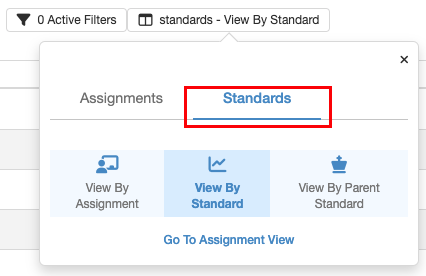Grade book view selection area. A tab labeled "Standards" highlighted in a red box. The tab is part of a navigation bar that includes "Assignments" to the left. Below are three buttons: "View By Assignment," "View By Standard," and "View By Parent Standard," with "View By Standard" directly beneath the highlighted "Standards" tab. In the lower left corner is a link titled "Go To Assignment View."