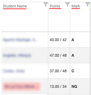 A blurred screenshot of a gradebook table with columns for 'Student Name,' 'Points,' and 'Mark.' Partial names and grades of four students are visible. The first two students have 'A' marks with points scored out of a possible total (40/42 and 47/48 respectively). The third has a 'C' with 37/48 points. The last entry is mostly redacted with a pink overlay and only displays 'NG' under 'Mark,' indicating a grade not given, with 13/34 points shown.  --- Copy the descriptive text below for use as your image's alt text:  A blurred screenshot of a gradebook table with columns for 'Student Name,' 'Points,' and 'Mark.' Partial names and grades of four students are visible. The first two students have 'A' marks with points scored out of a possible total (40/42 and 47/48 respectively). The third has a 'C' with 37/48 points. The last entry is mostly redacted with a pink overlay and only displays 'NG' under 'Mark,' indicating a grade not given, with 13/34 points shown.