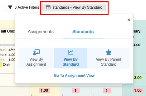 elementary grade book software interface, highlighting the "View By Standard" button. Below, two tabs are displayed: "Assignments" and "Standards," with the "Standards" tab selected. Within this section, three options are presented with corresponding icons: "View By Assignment" featuring a clipboard, "View By Standard" with a stack of papers icon highlighted in blue, signifying its active status, and "View By Parent Standard" with a structure icon. A blue link stating "Go To Assignment View" is seen at the bottom. The interface elements are arranged on a light grey background, and parts of the interface are overlaid by the focused dialog box, slightly obscuring the full content.
