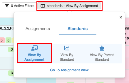 A grade book dialog box with two tabs: "Assignments" and "Standards." The "Standards" tab is selected, and within it, there are three options: "View By Assignment," "View By Standard," and "View By Parent Standard." The "View By Assignment" option is highlighted within a red box, indicating it is the selected filter. Above the tabs, there is a button indicating "standards - View By Assignment," suggesting that this is the current view setting.