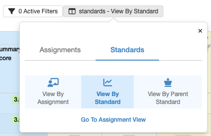 A grade book dialog box with two tabs: "Assignments" and "Standards." The "Standards" tab is selected, and within it, there are three options: "View By Assignment," "View By Standard," and "View By Parent Standard." The "View By Standard" option is selected. Above the tabs, there is a button indicating "standards - View By Standard," suggesting that this is the current view setting.