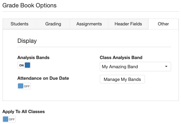The "other" tab on the "grade book options" floating window. A toggle for analysis bands is in the on position. A "class analysis band" pulldown menu has "my amazing band" selected. A "manage my bands" button is directly below the pulldown menu.