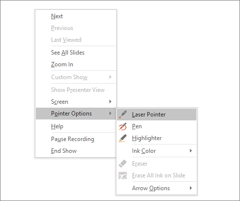 Shows pointer options menu in PowerPoint