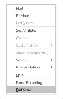 Shows the end show option in PowerPoint