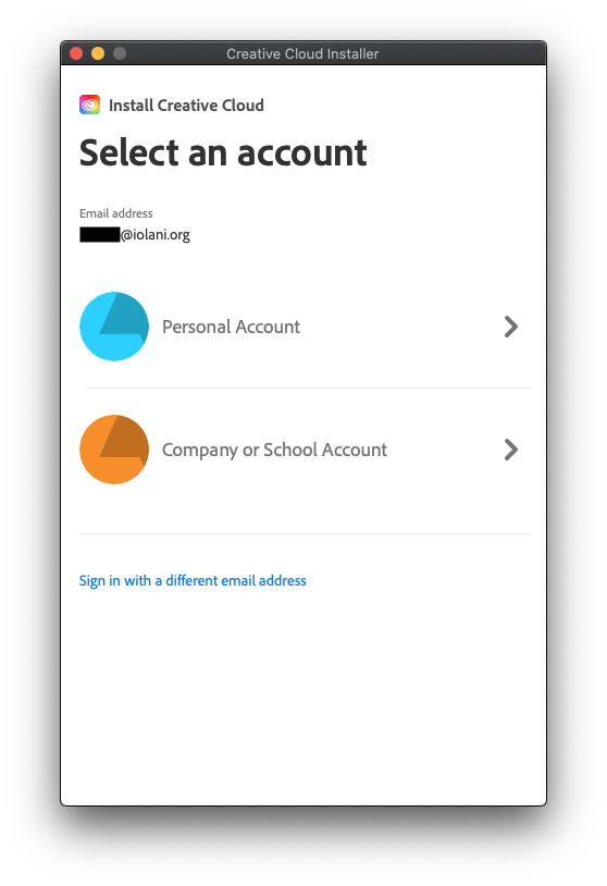 Prompt to choose between personal or company/school Adobe account