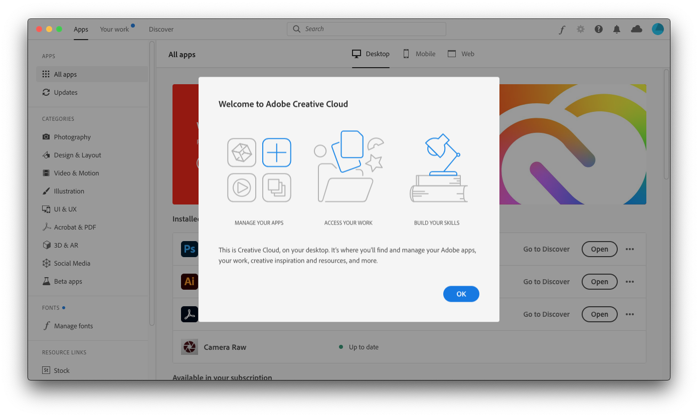 Screenshot of first launch of Creative Cloud desktop app