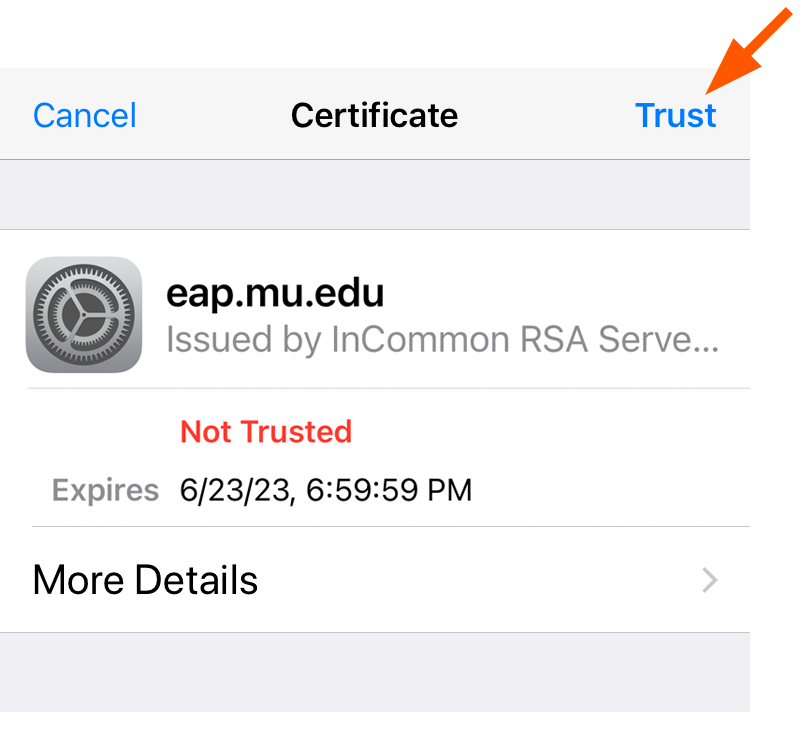 Trust eap.mu.edu certificate