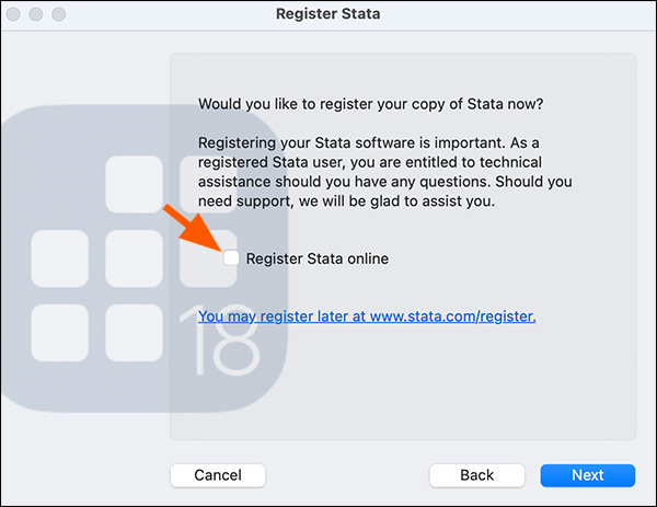 Uncheck Register Stata Online and click Next