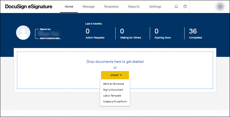 DocuSign homepage after login