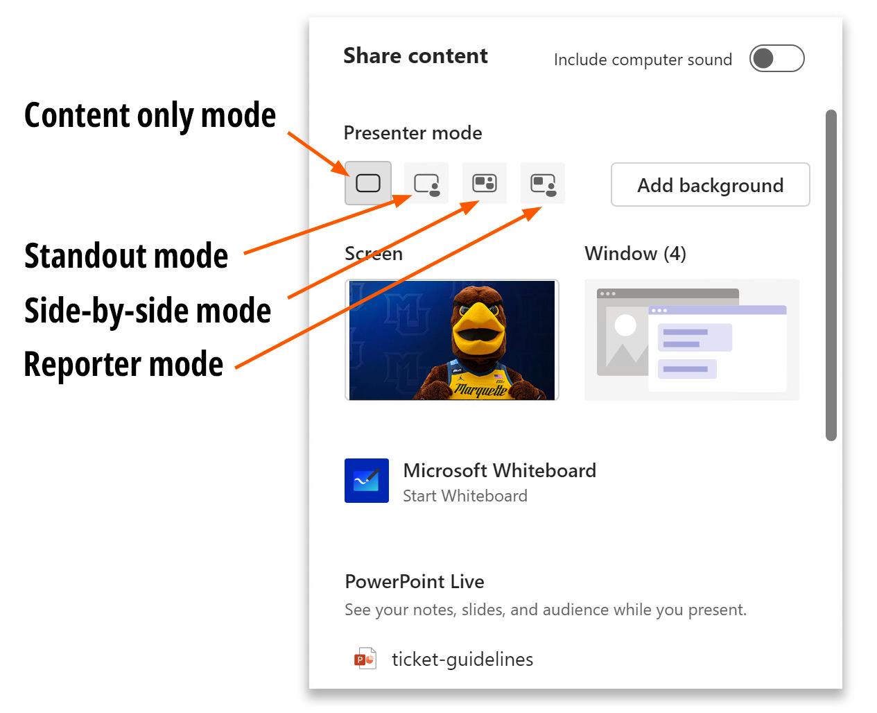 Four modes on the Share content panel