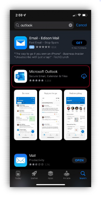 Start by downloading the Outlook App from the App Store (Apple) or Google/Play Store (Android)