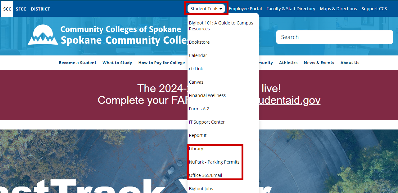Screenshot of SCC website showing Student Tools dropdown.