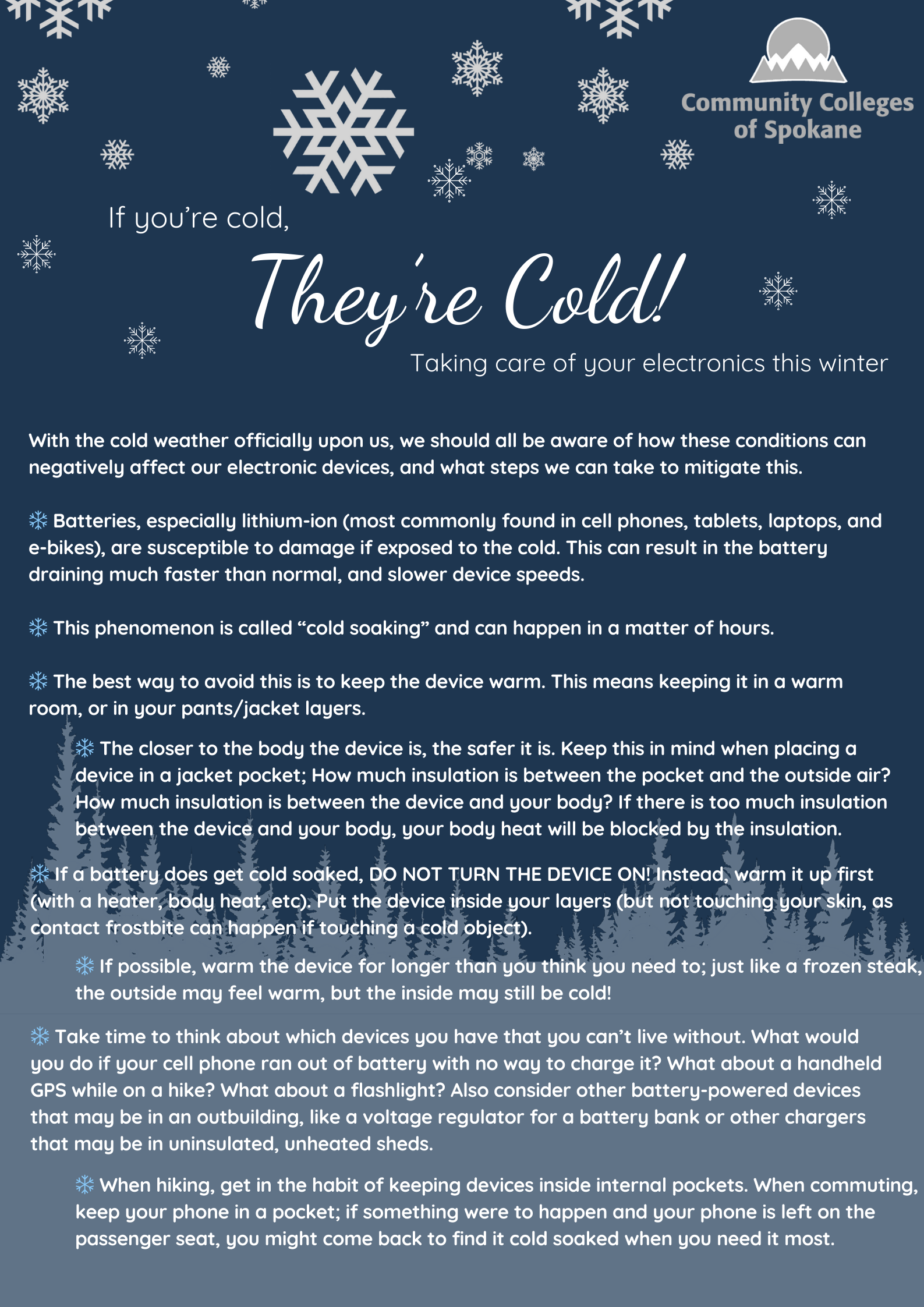 A flyer outlining negative affects winter causes on electronics.