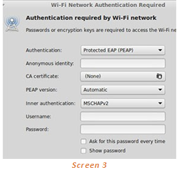 linux wireless network settings screen.  Authentication, Inner authentication, username, and password fields are displayed