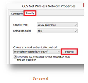 CCS Net Wireless Network Properties window, on the Security Tab, showing option to manage network authentication settings