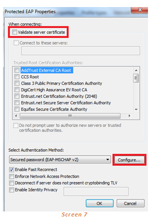 Protected EAP Properties window, displaying server identification via certificate option and authentication via secured password option