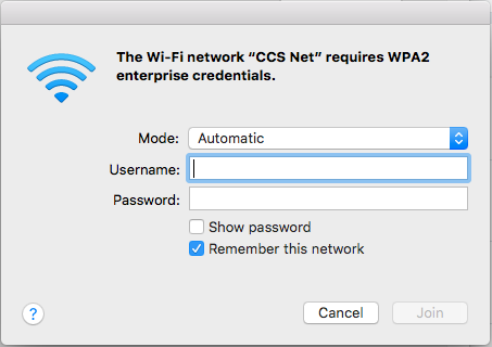 network dialog box displaying fields for username, password