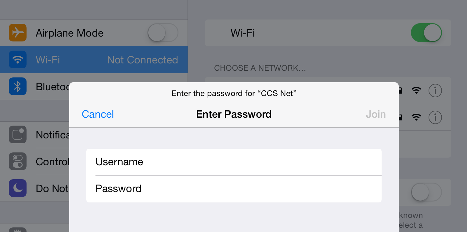 iOS WiFi credentials screen with fields for username and password