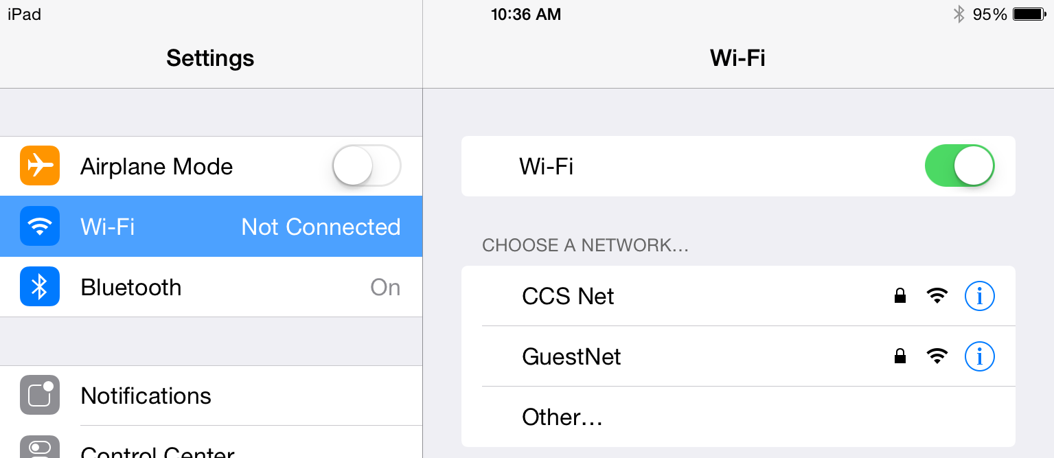 iOS wireless settings window, with available WiFi networks shown