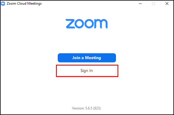 Zoom Log-In Screen with Sign-In button highlighted