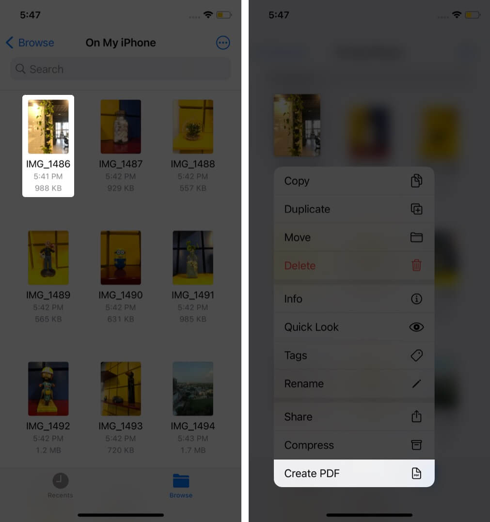 long press on image and tap on create pdf in files app on iphone
