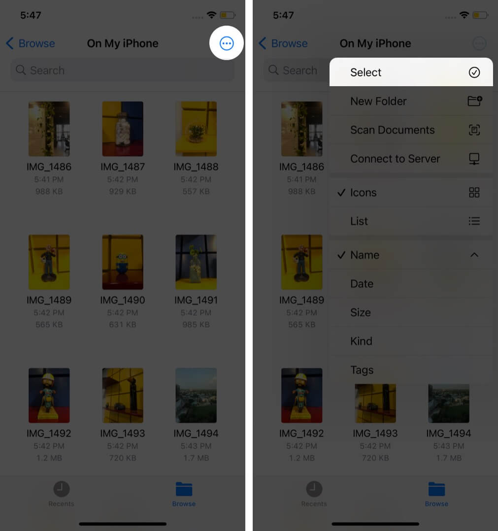 tap on three dots and then tap on select in files app on iphone