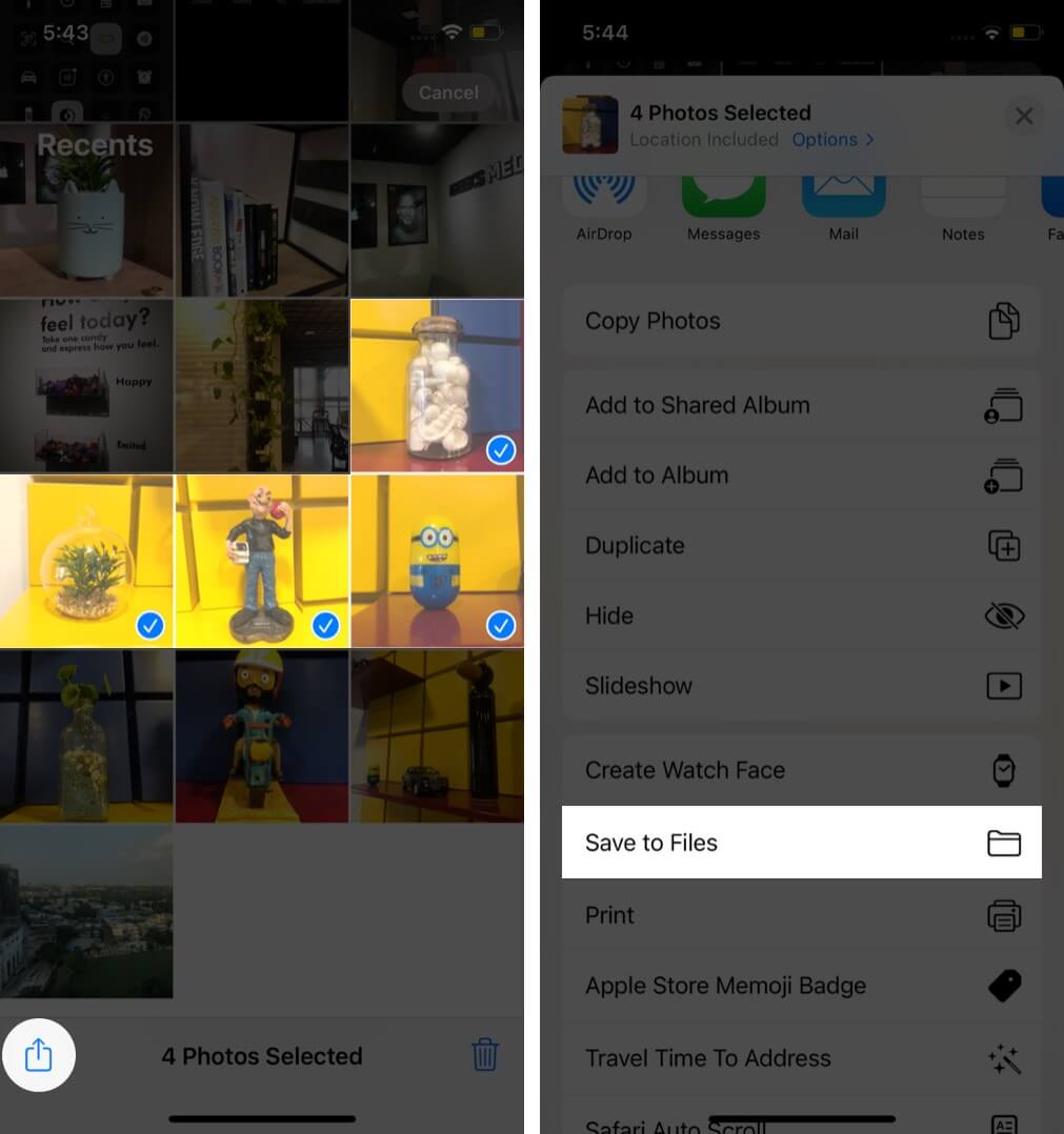 choose images tap on share and then tap on save to files in photos app on iphone