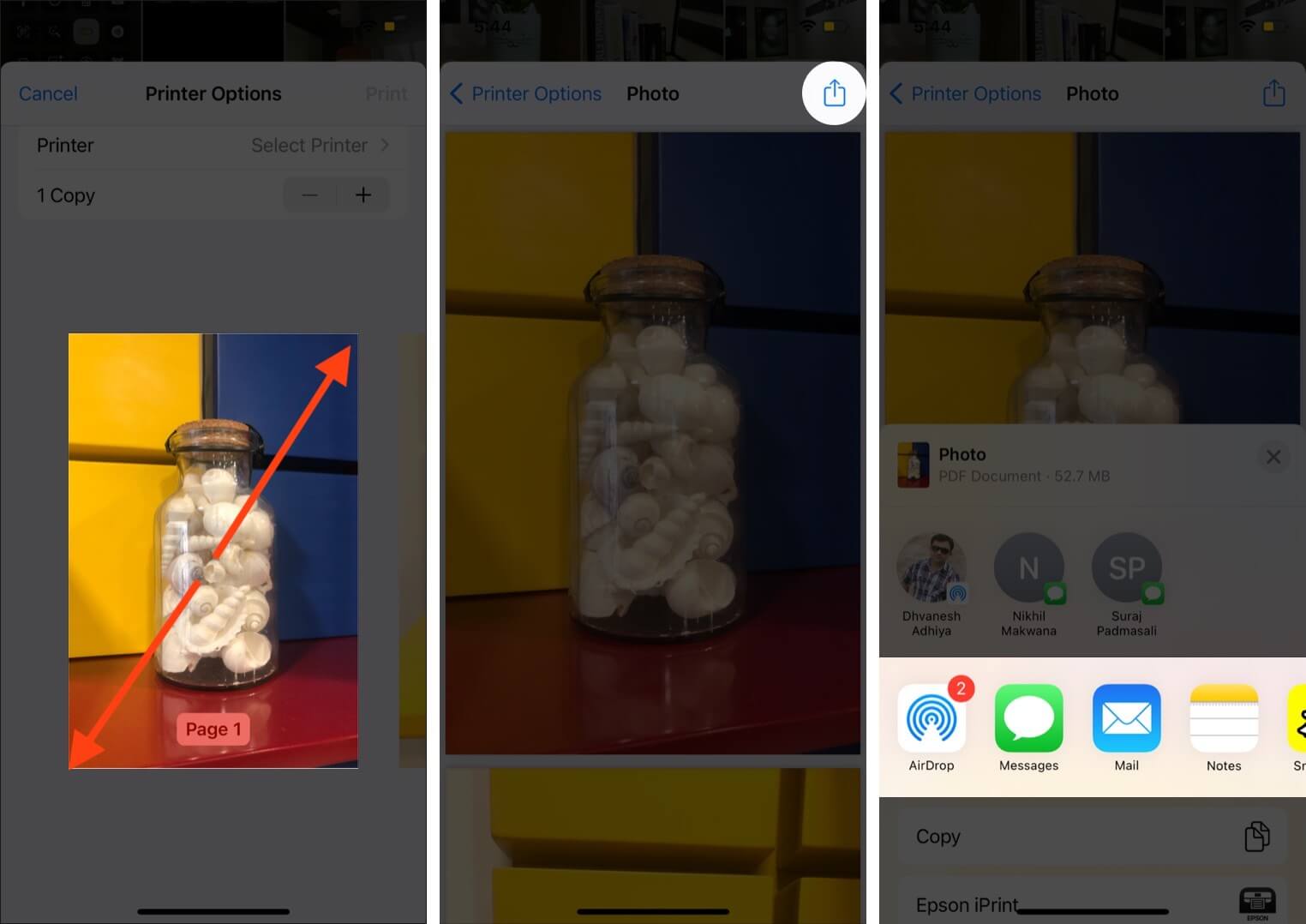 pinch out thumbnail tap on share and select option to convert photo to pdf on iphone